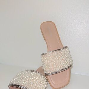 Elegant Pearl Embellished Slide Sandals - Beige